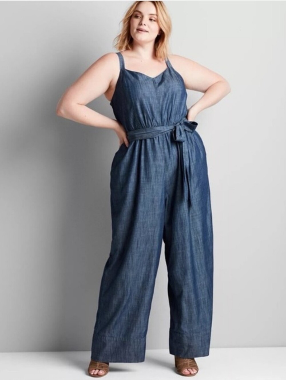 Lane Bryant Dark Blue Sleeveless Chambray Jumpsuit Size 14 NWT Denim Belted
